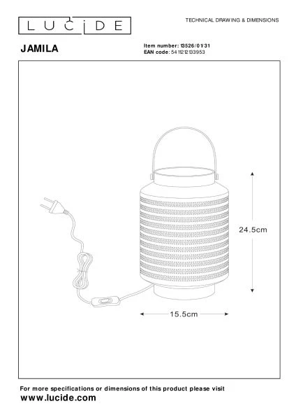 Lucide JAMILA - Lampe de table - Ø 15,5 cm - 1xE14 - Blanc - TECHNISCH